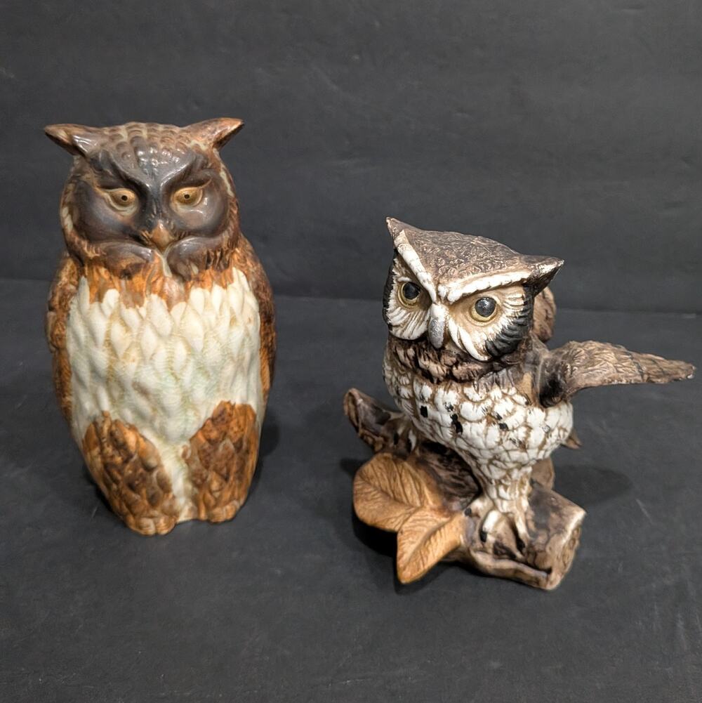 Vintage Pair Ceramic Owl Figurines Horned Perched Cottagecore Rustic Woodland